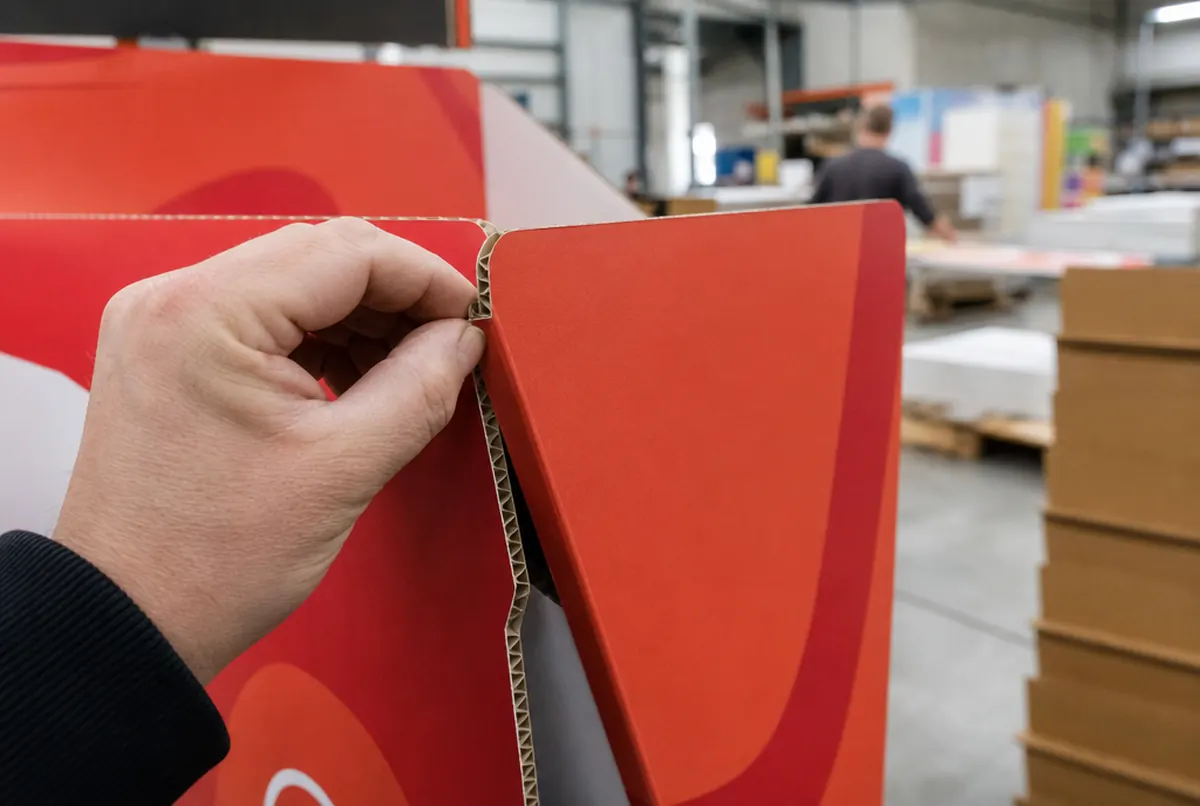 Hand faltet ein Regaldisplay aus Wellpappe an der Rilllinie, Wellenstruktur an der Kante sichtbar