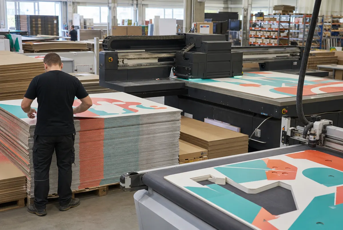 UV-Direktdruck auf Karton und Zuschnitt der Regaldisplays in der Produktionshalle