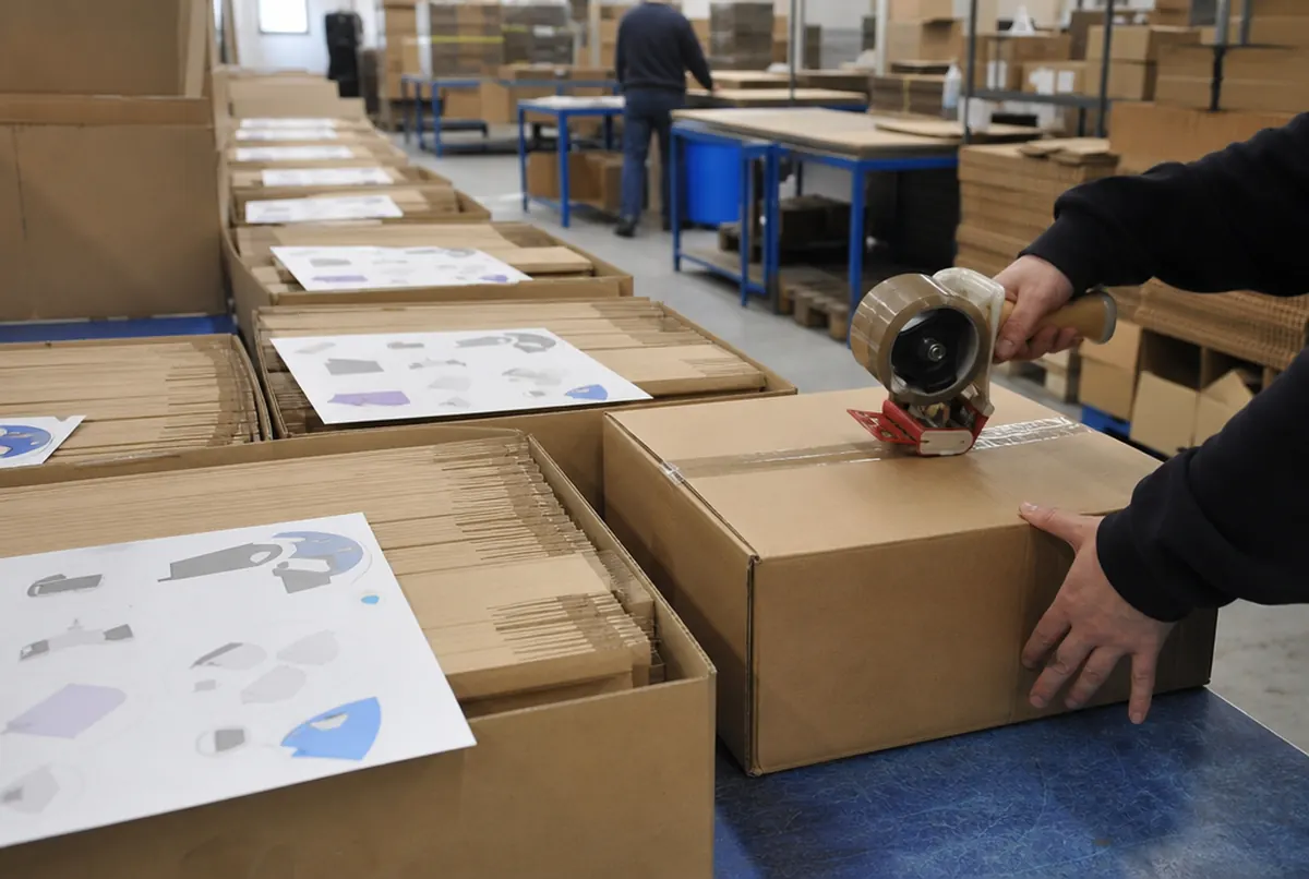 Flach verpackte Regaldisplays in Versandkartons mit Aufbauanleitung für jede Filiale