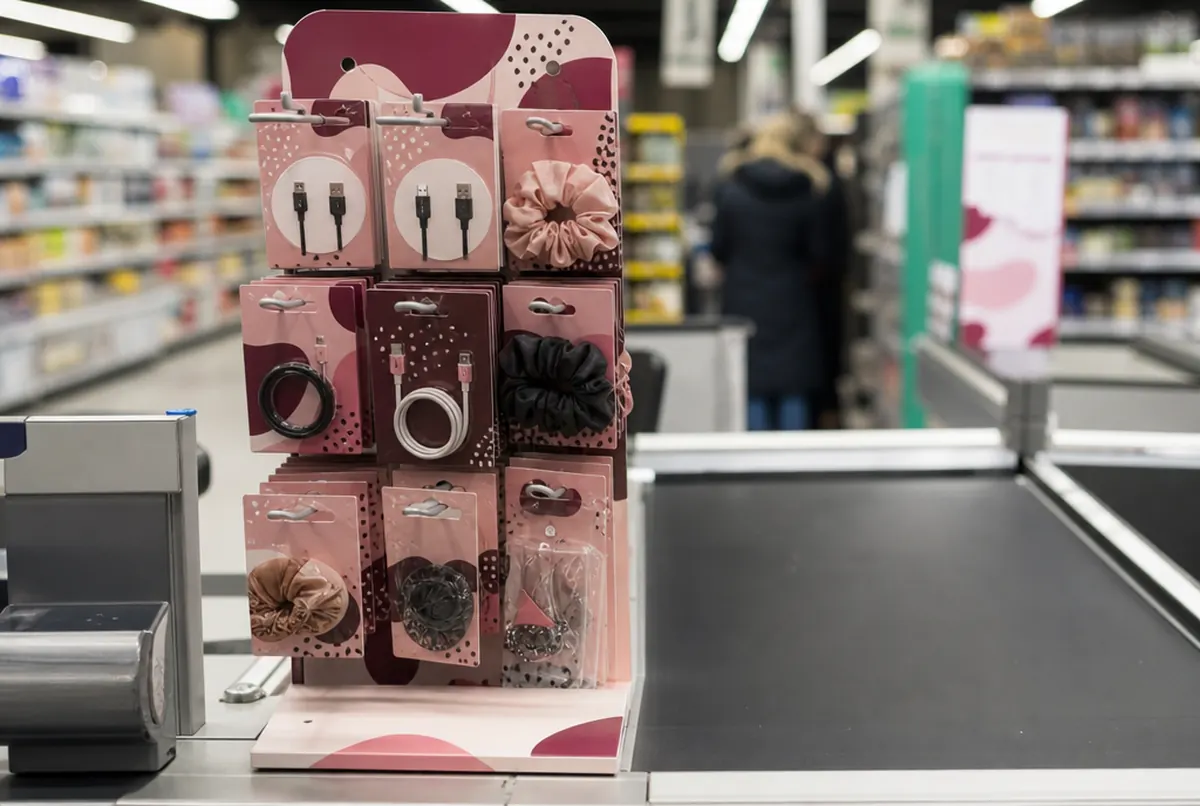 Thekendisplay mit Haken und kleinen Accessoires an der Supermarktkasse