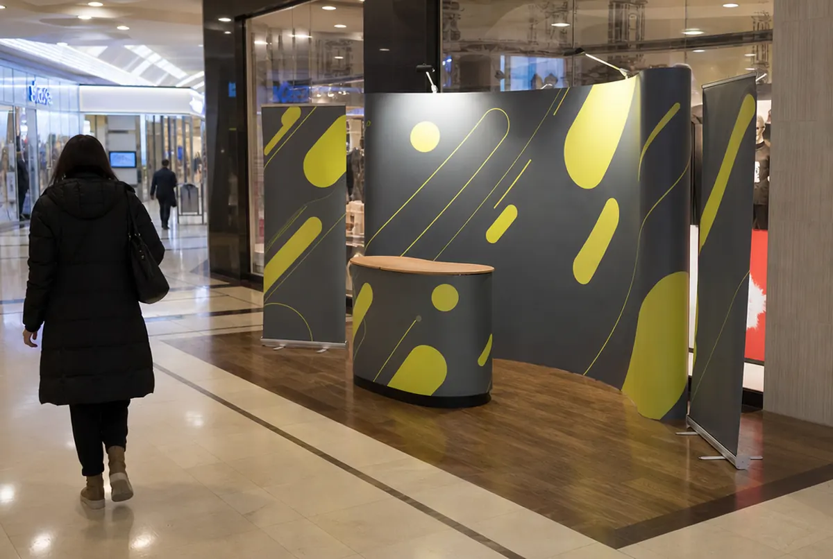 Promotionsstand in einem Einkaufszentrum mit Pop-up-Wand, Theke und Roll-ups