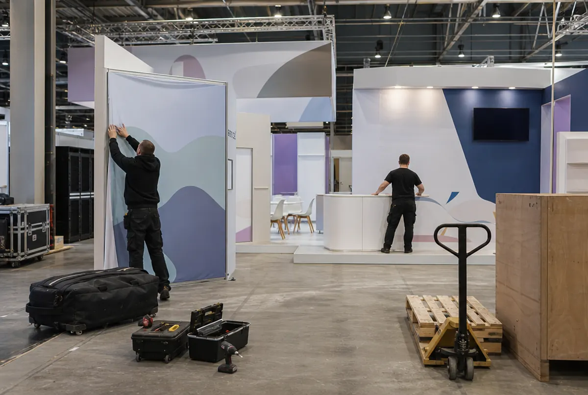 Monteure bauen vor der Eröffnung einen modularen Messestand in der Halle auf