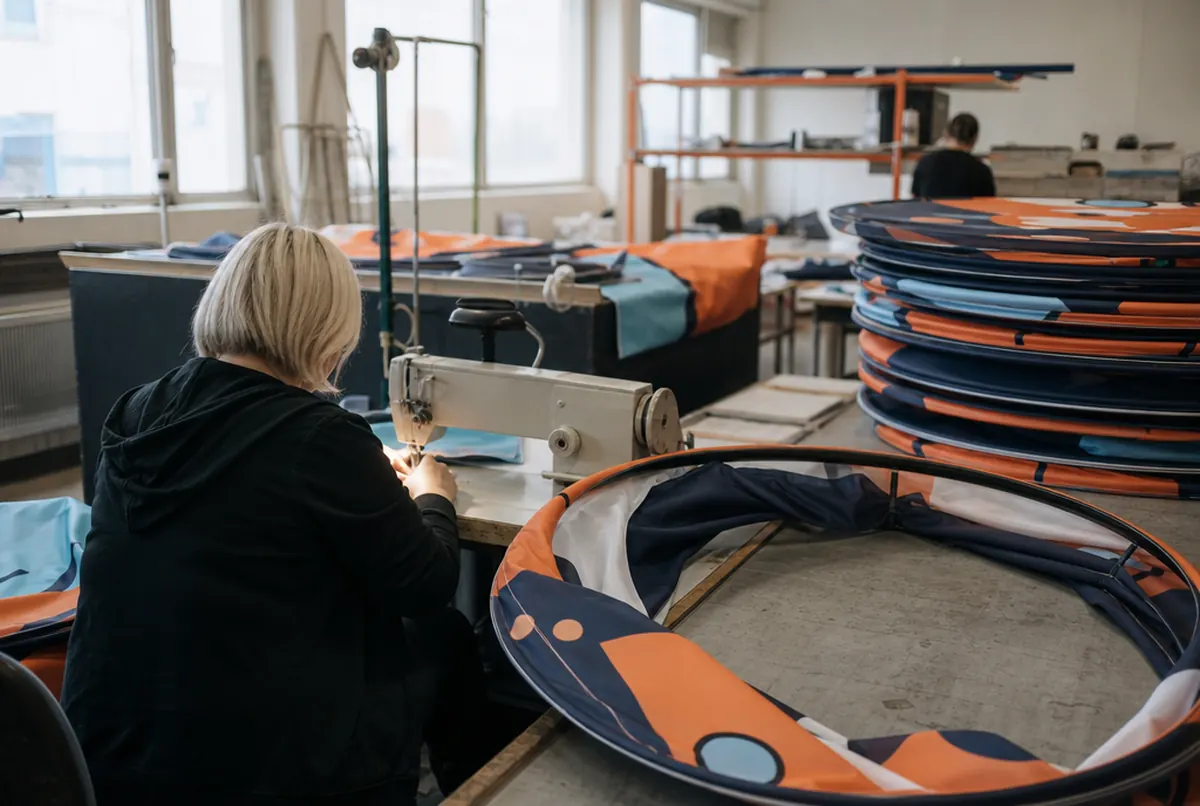Couture du tissu de bannière autour de l'armature, bannières pliées à côté