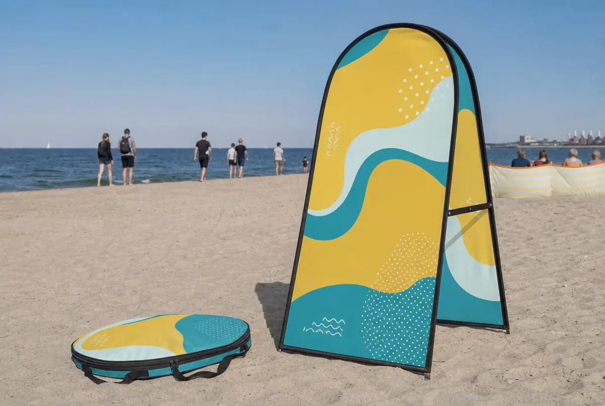 Bannière pop-up en A recto verso sur la plage près de sa housse ronde
