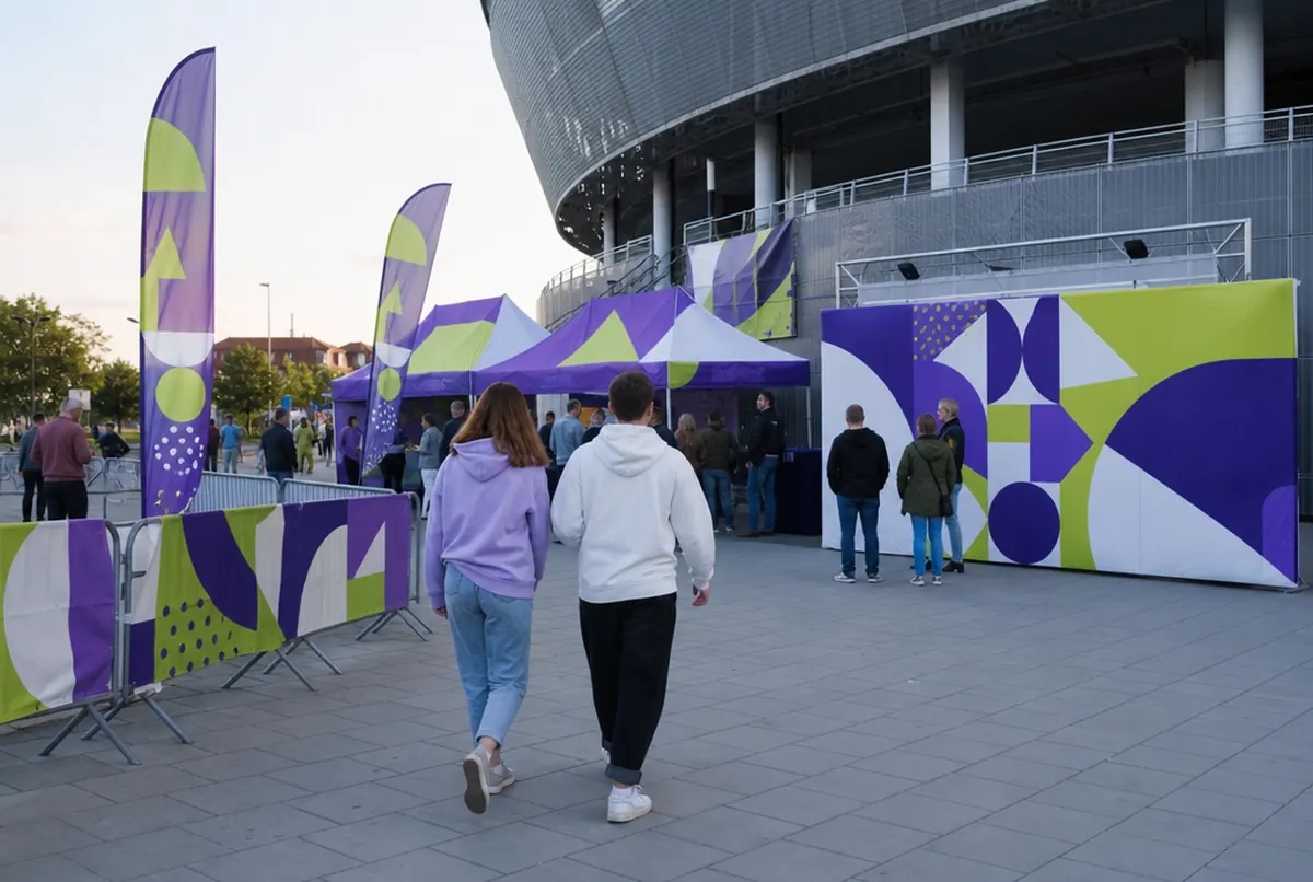 Fanzone vor der Arena mit Pavillons, Beachflags und Absperrungen in einem Design