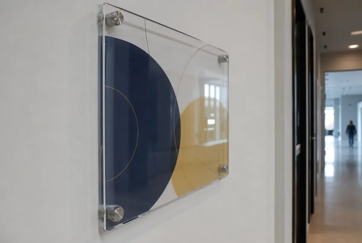 Acrylglasschild mit polierter Kante auf Edelstahl-Abstandshaltern