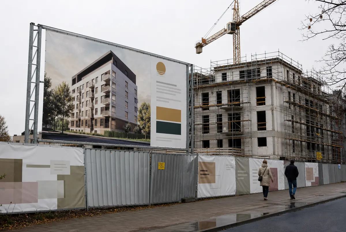 Cartel de promotora con visualización del edificio sobre estructura de acero
