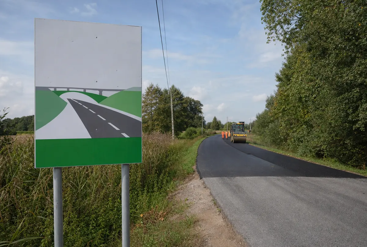 Cartel municipal sobre postes anunciando obras en una carretera rural