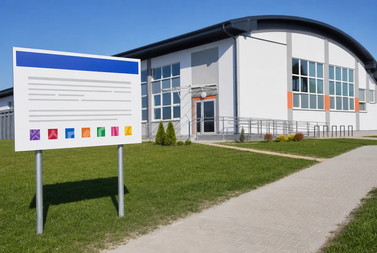 Informationstafel eines geförderten Projekts auf Pfosten vor einer sanierten Sporthalle