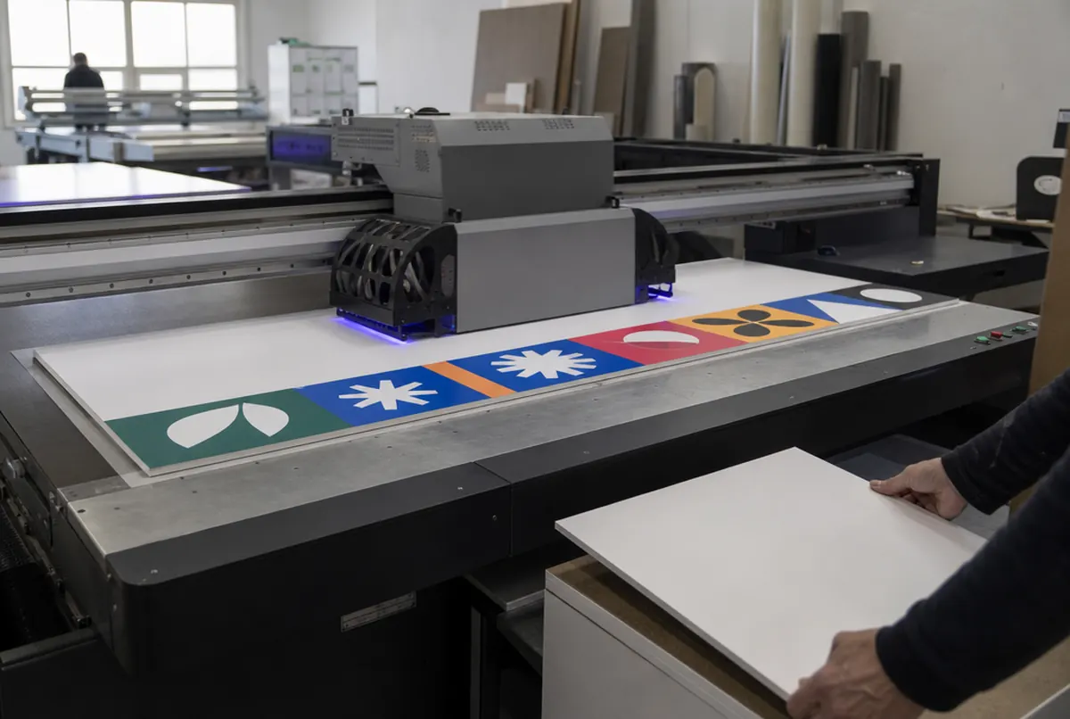 UV-Flachbettdrucker bedruckt eine Tafel mit farbigen Emblemen am unteren Rand