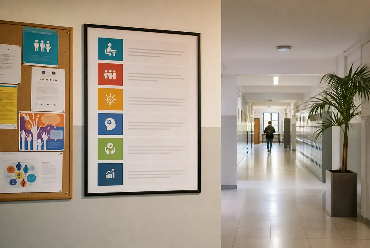 Gerahmtes A3-Plakat zum EU-Projekt in der Eingangshalle einer Schule