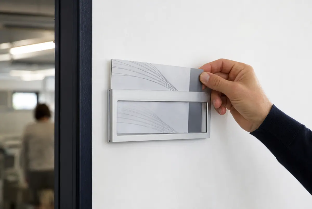 Hand schiebt einen Papiereinleger in ein Alu-Türschild mit Sichtfenster