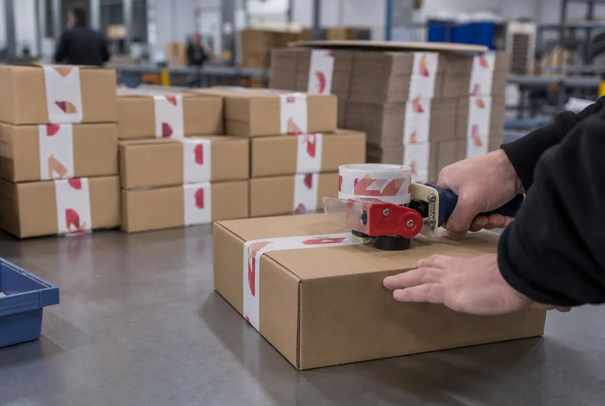 Fermeture d'un carton avec un ruban adhésif imprimé à l'entrepôt