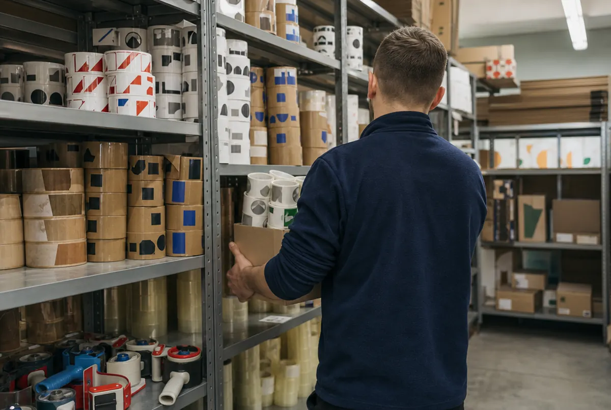 Réserve de fournitures d'emballage avec rouleaux imprimés et cartons