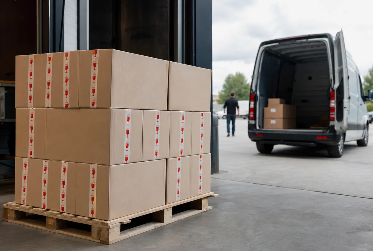 Cartons fermés avec ruban à pictogramme fragile prêts à l'enlèvement