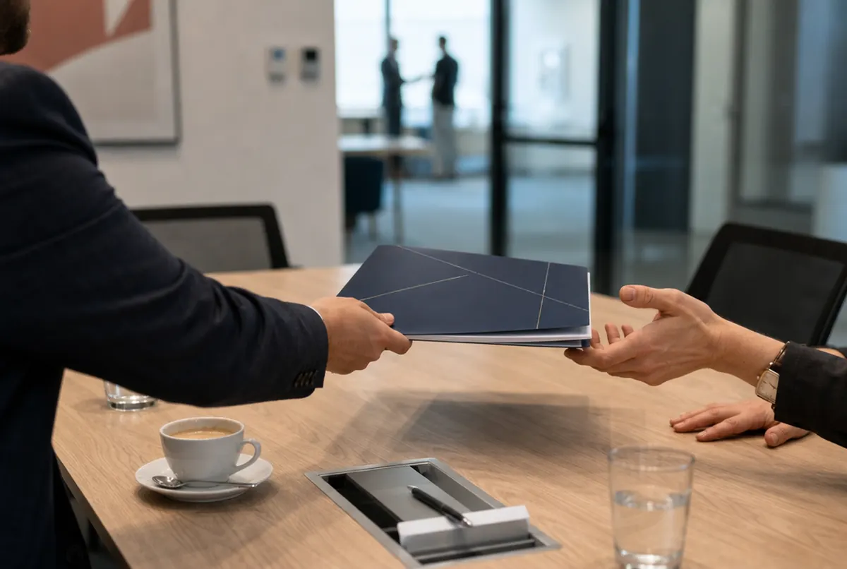 Pochette à rabats avec documents sur la table de réunion, mains du client