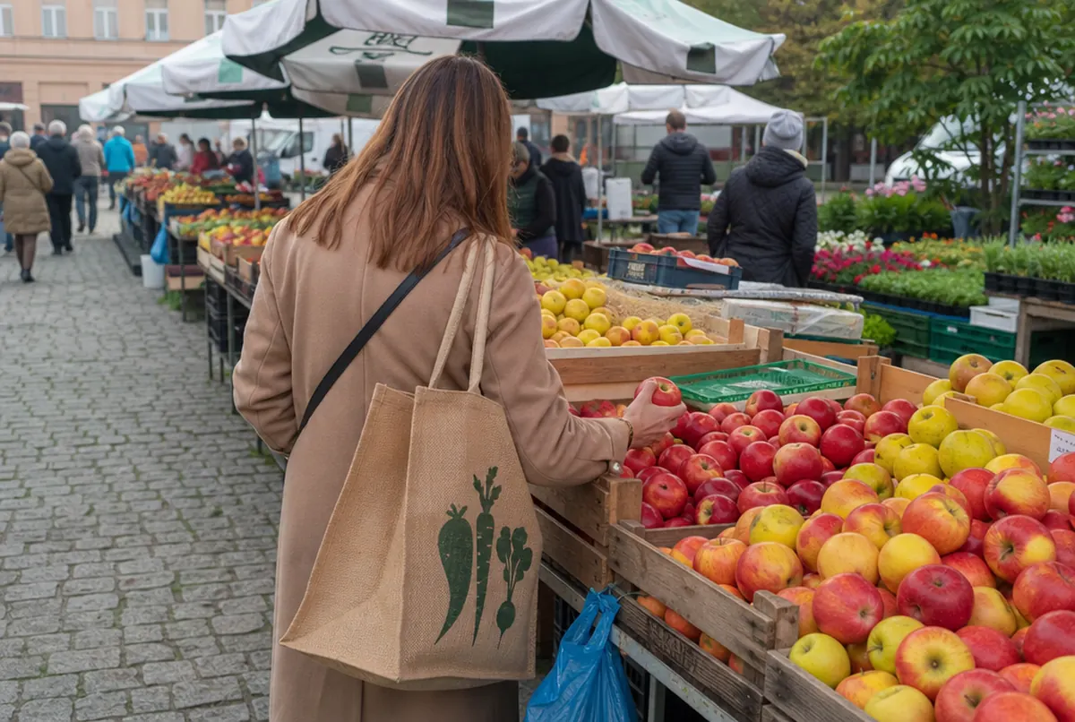 A shopper filling a printed jute bag with apples at a farmers' market