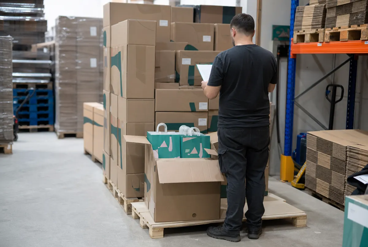 Kartons mit bedruckten Papiertüten für die Lieferung an ein Geschäft