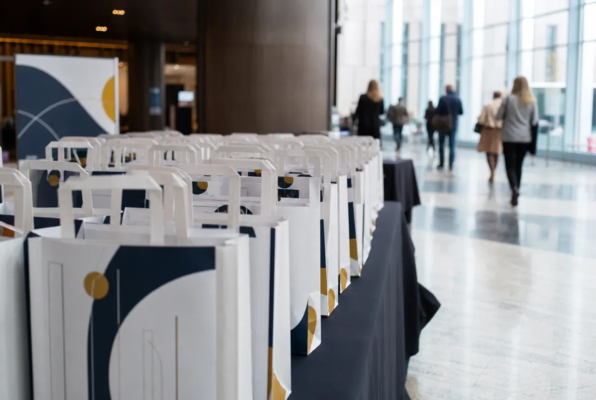 Weiße Geschenktüten mit Flachhenkel und Druck auf einem Konferenztisch