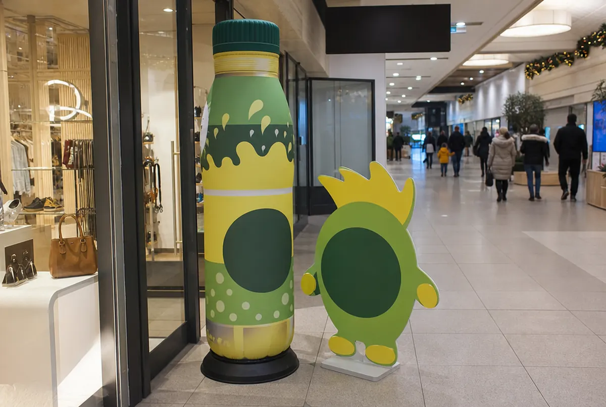 Tótem con forma de botella y mascota de cartón en un centro comercial