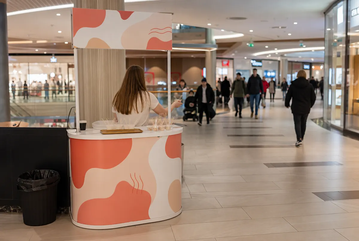 Mostrador promocional curvo impreso durante una degustación en un centro comercial