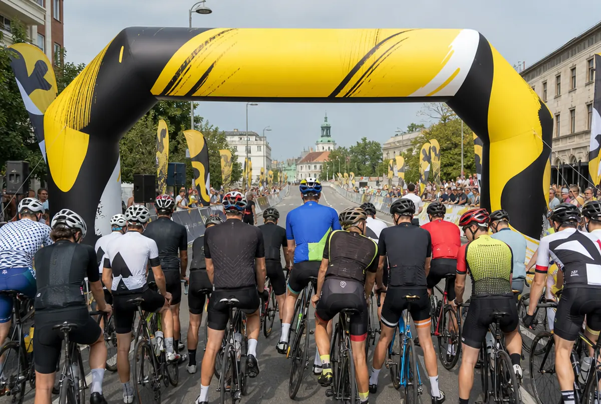 Bedruckter aufblasbarer Startbogen beim Start eines Radrennens in der Stadt