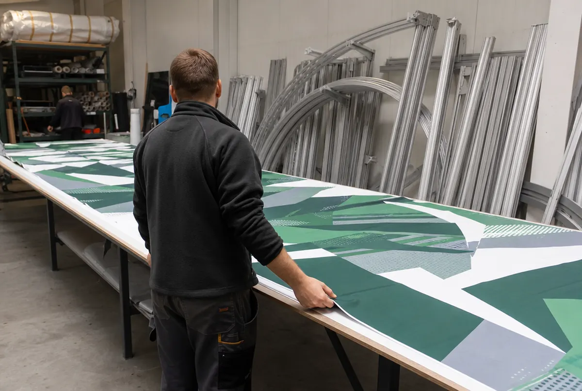 Kontrolle der Grafik und Gestellteile eines Spielertunnels in der Werkstatt