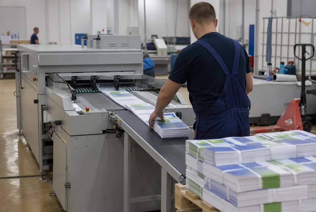 Flyer verlassen die Falzmaschine und werden zu Paketen gestapelt