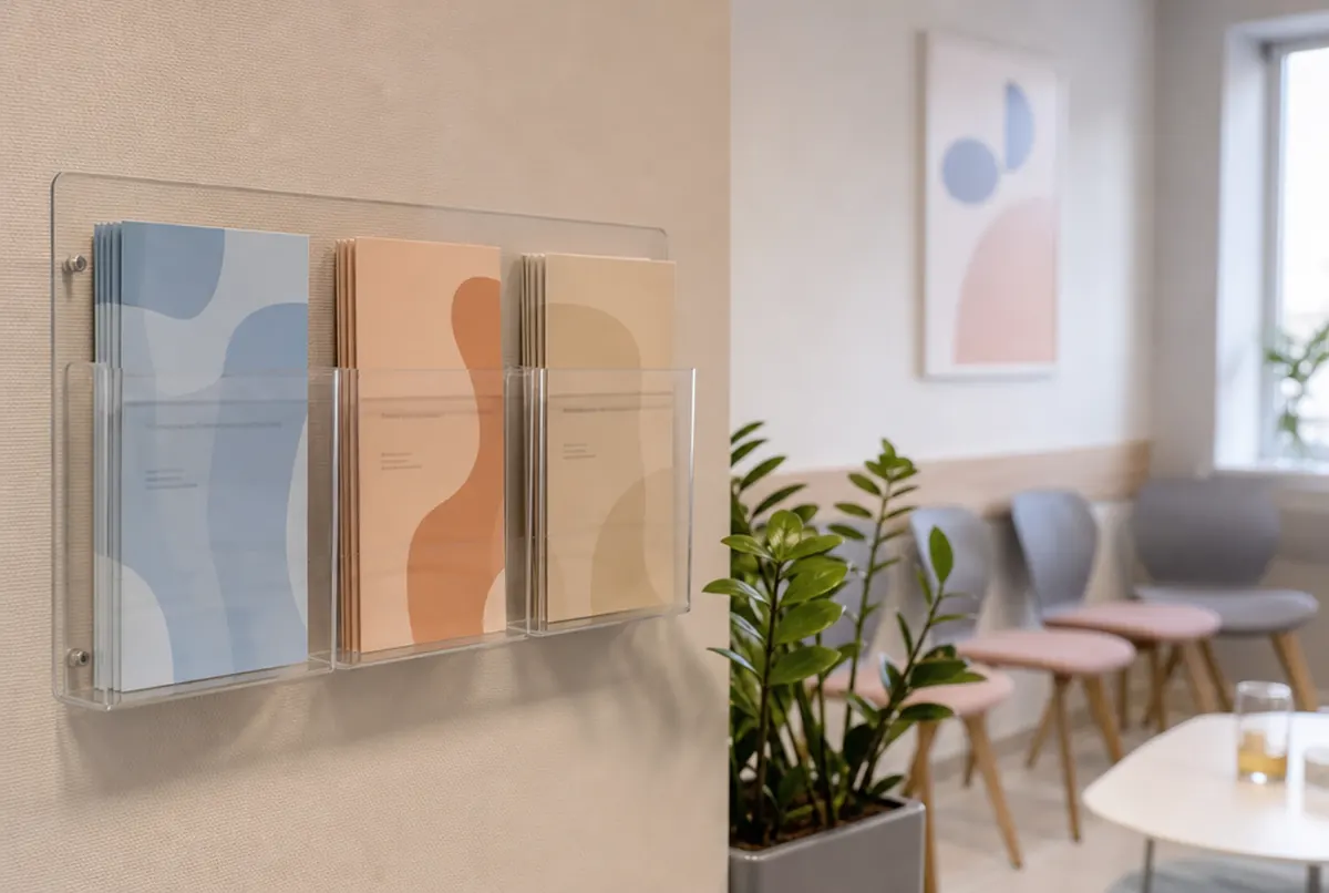 Porte-documents mural en plexi à trois poches A5 dans une salle d'attente