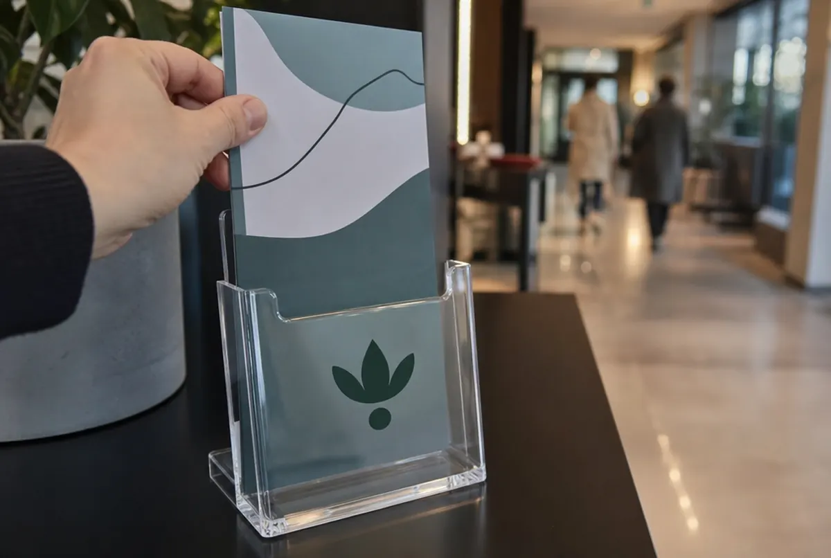 Gros plan du chant poli d'un porte-dépliants DL en plexi imprimé en UV