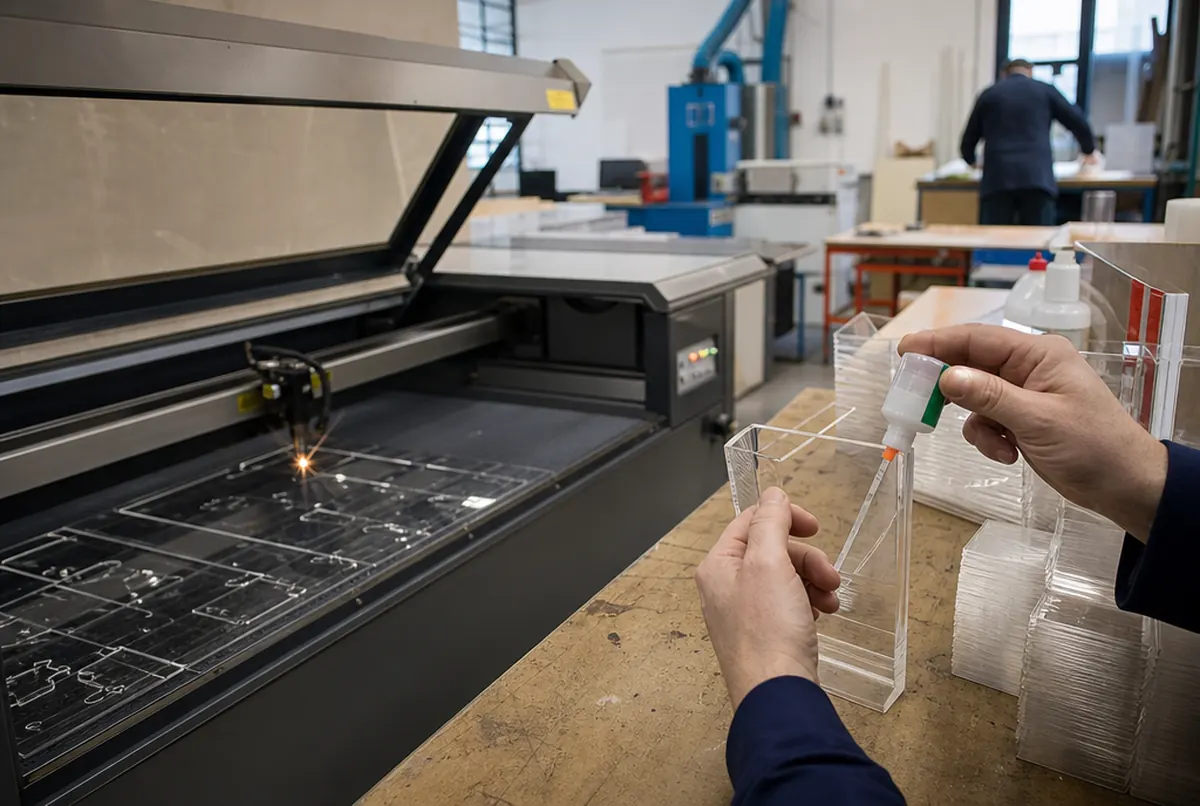 Découpe laser du plexi et collage des pièces de porte-dépliants en atelier