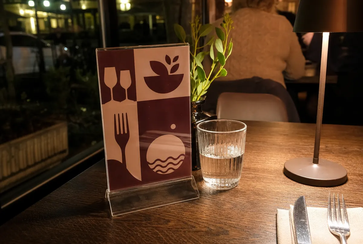 Présentoir en plexi avec carte menu interchangeable sur une table de restaurant