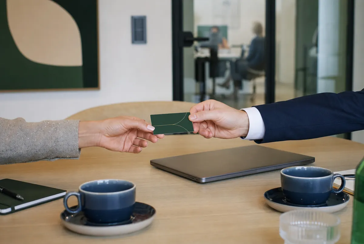 Intercambio de una tarjeta de visita sobre la mesa tras una reunión