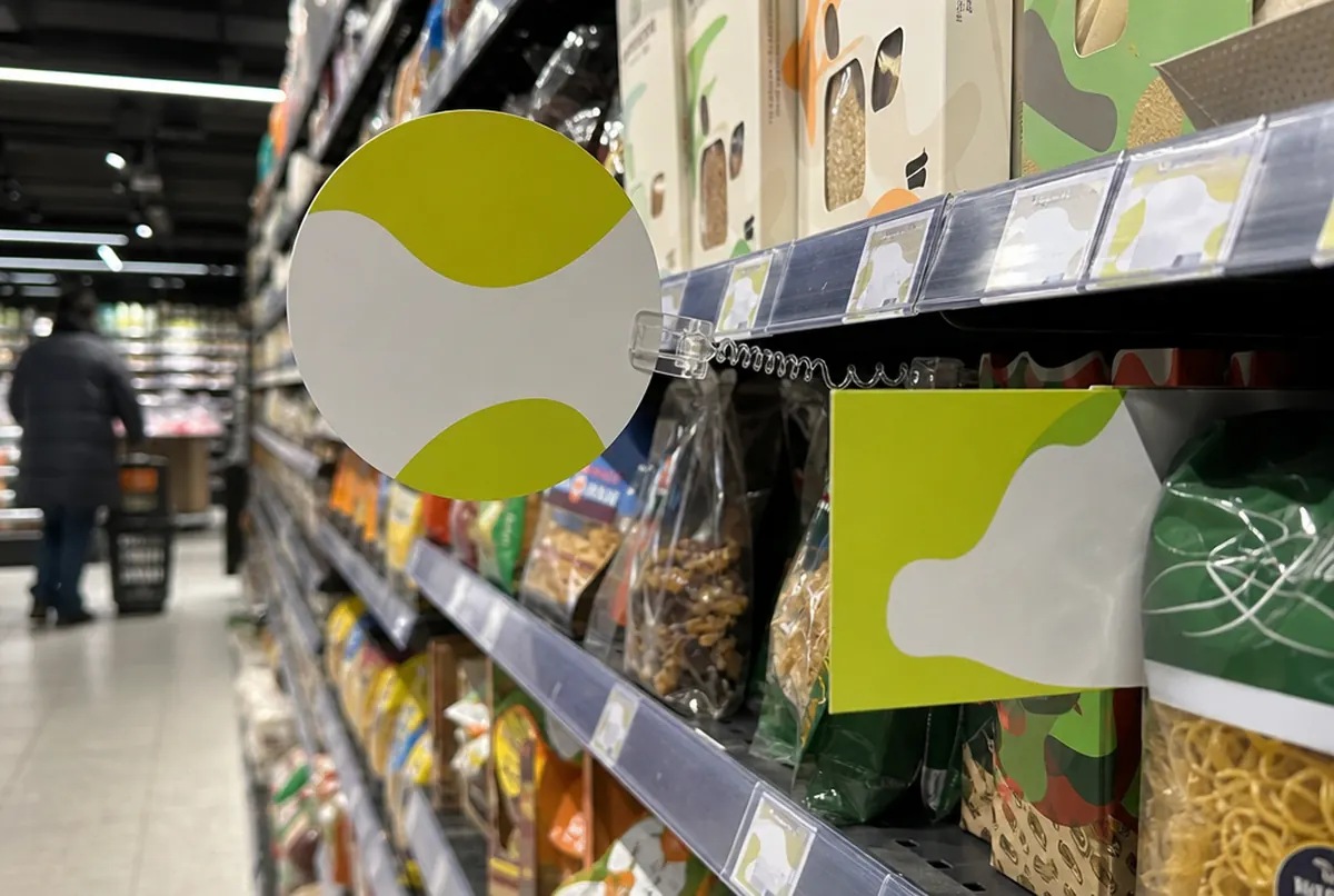 Wobbler am Federarm und Regalstopper ragen aus dem Regal im Lebensmittelmarkt