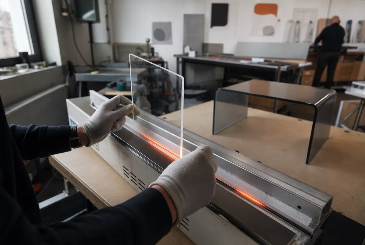Manos sujetando metacrilato doblado en ángulo recto en la plegadora térmica