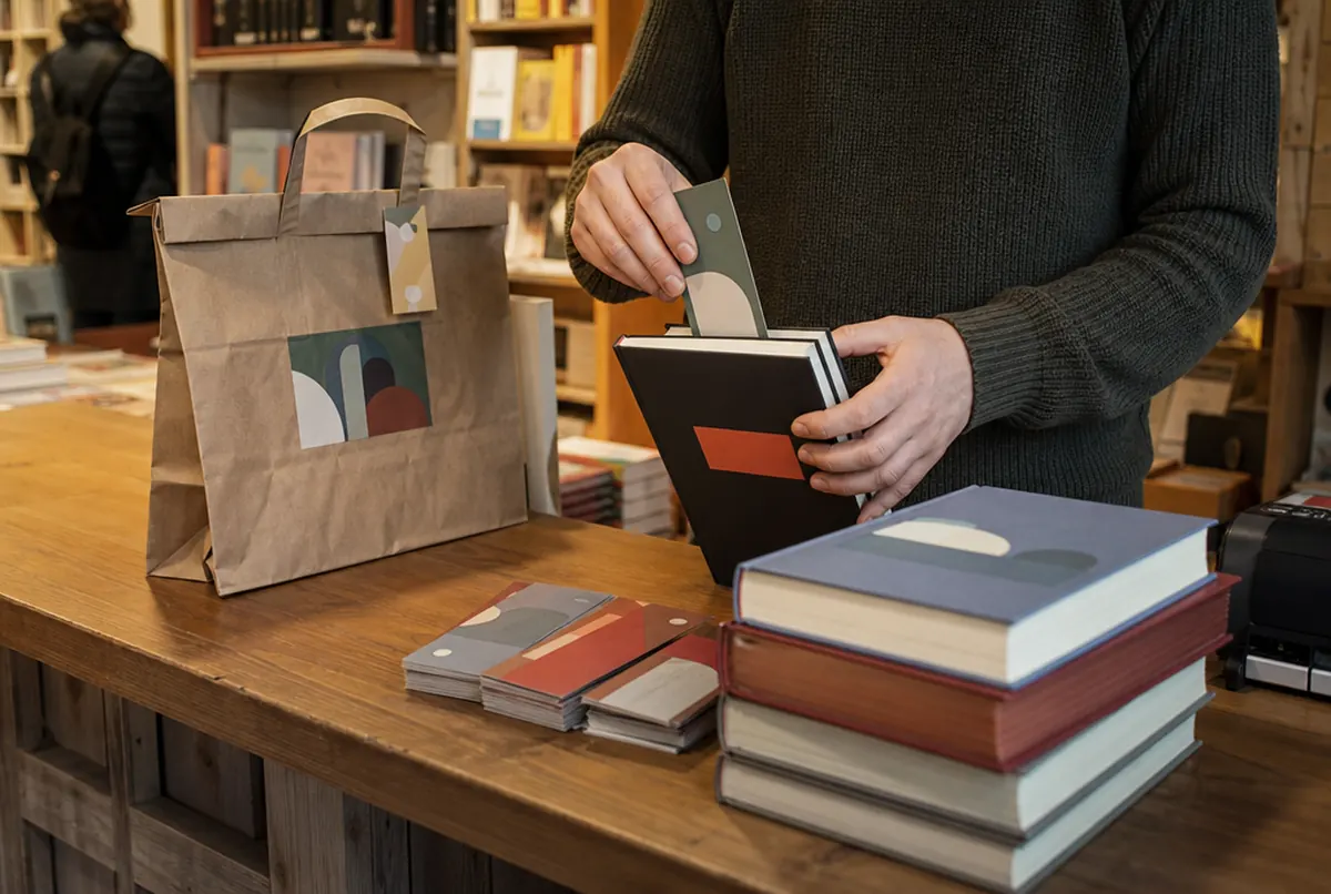 La librera mete un marcapáginas promocional en un libro junto al mostrador