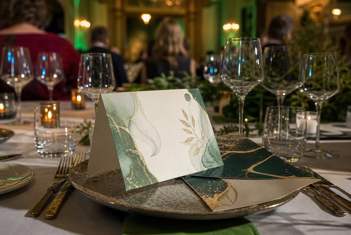 Invitation de gala et son enveloppe assortie sur une table de banquet