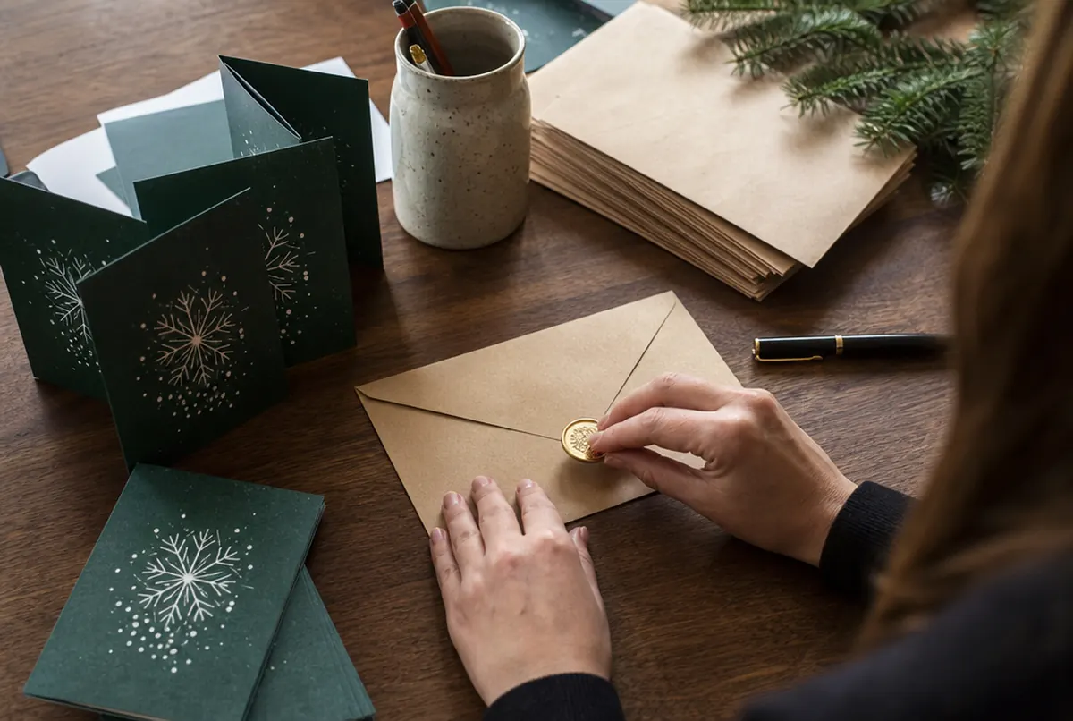 Cartes de vœux d'entreprise et enveloppes sur un bureau, une main ferme une enveloppe