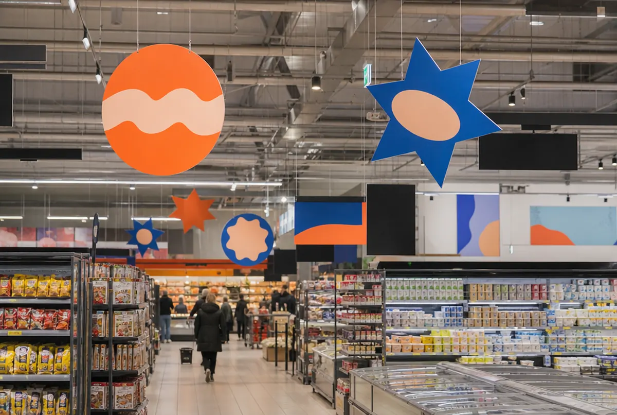 Doppelseitige Deckenhänger in Kreis- und Sternform über den Supermarktgängen