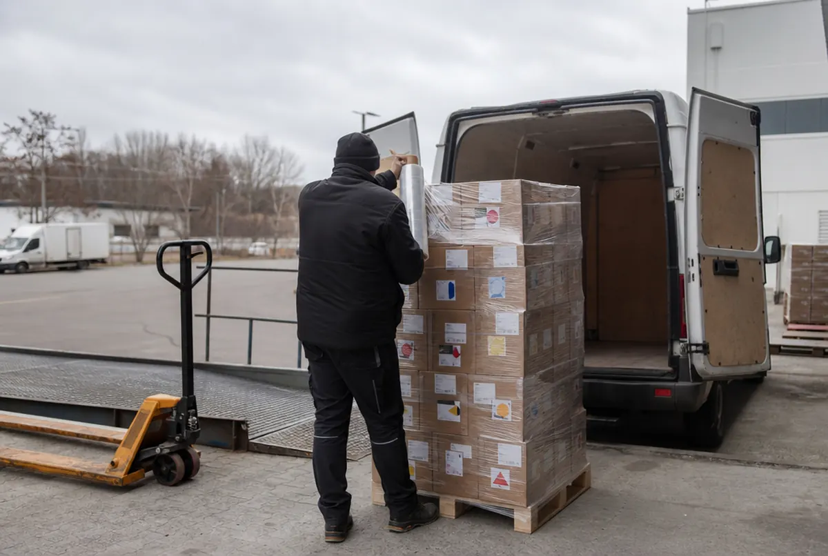 Palé de cajas de campaña envuelto en film antes del envío al centro logístico