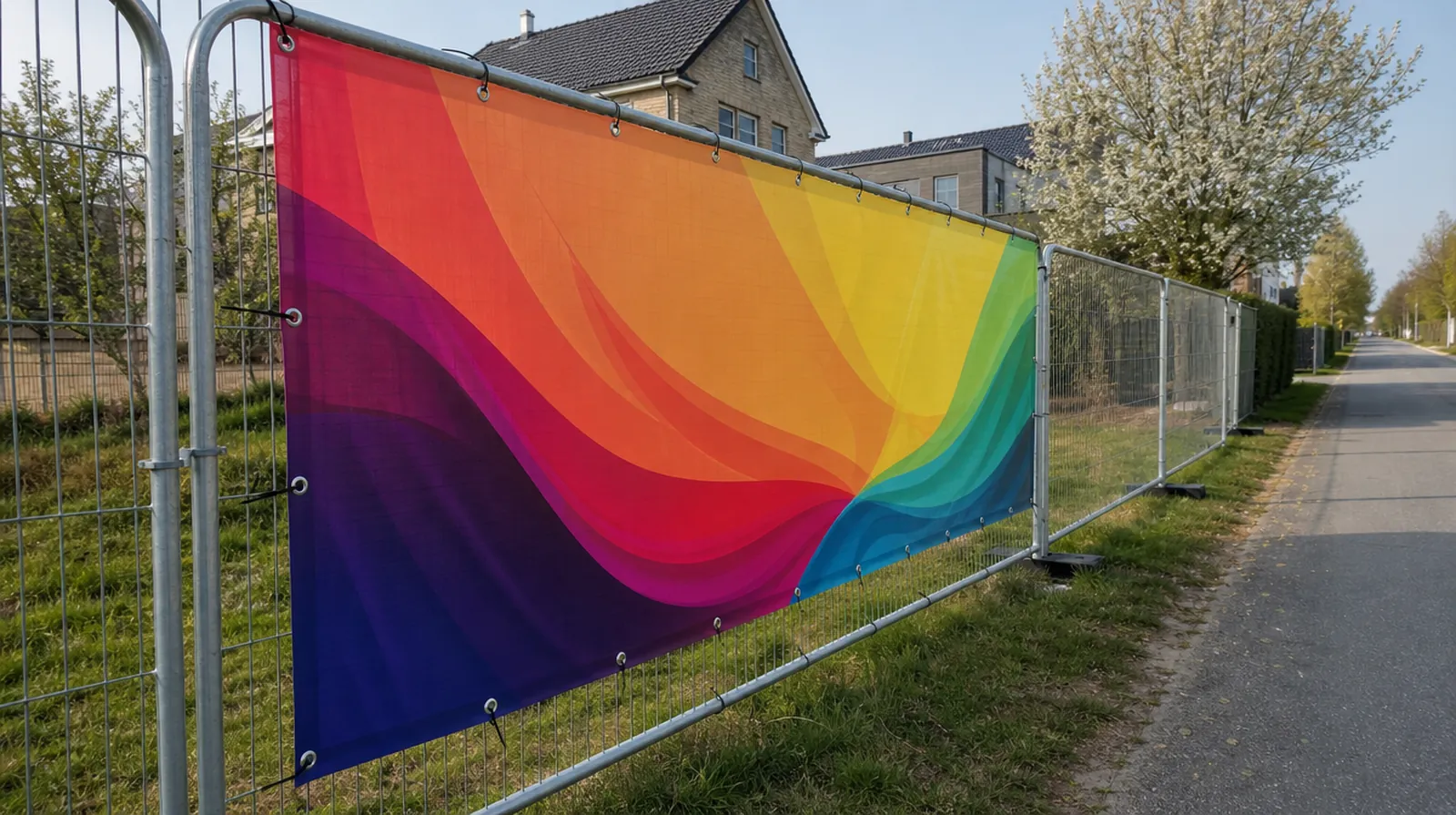 PVC banner with eyelets fixed to a fence beside a road