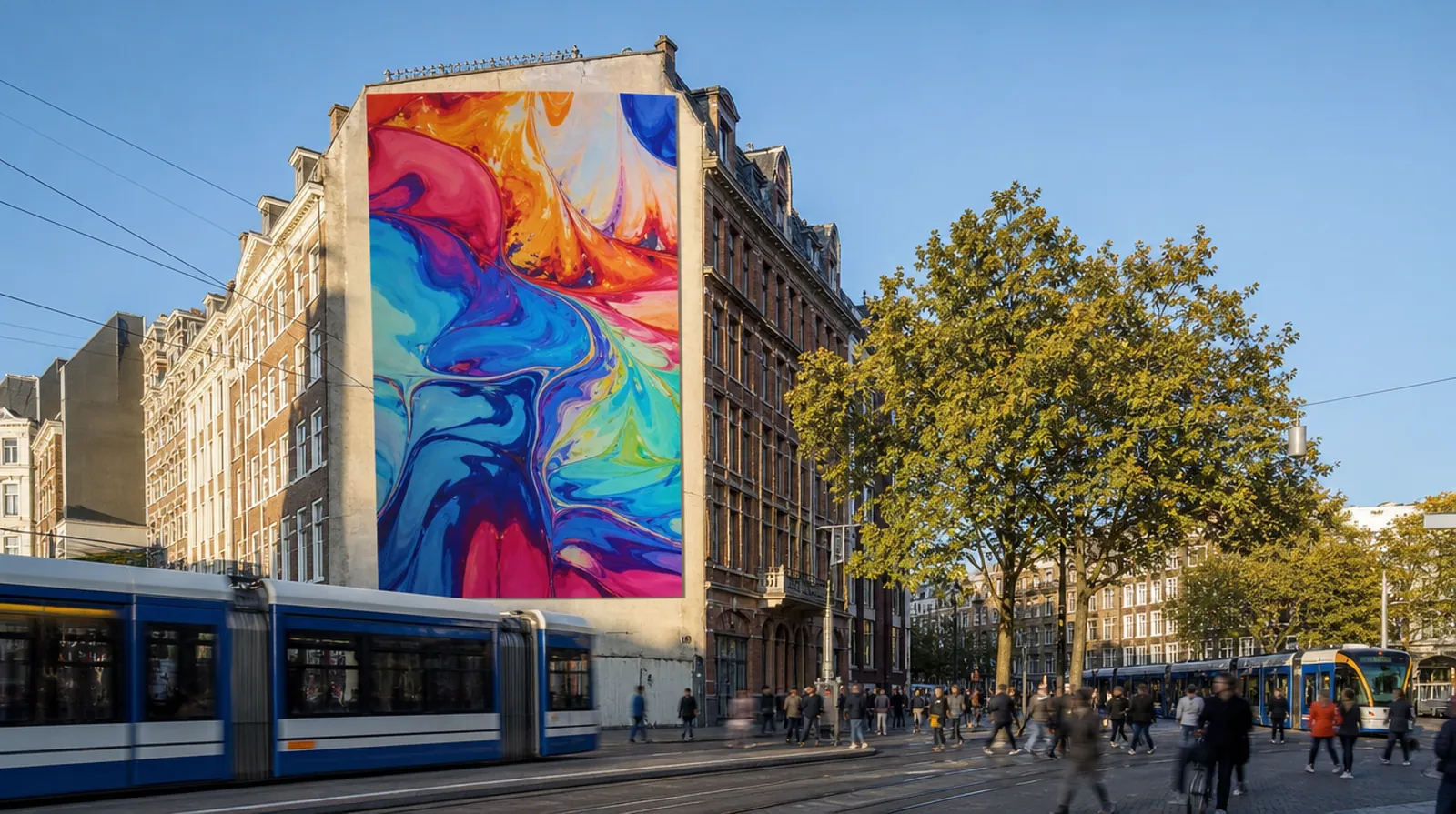 Riesiges bedrucktes Fassadenbanner in der Innenstadt