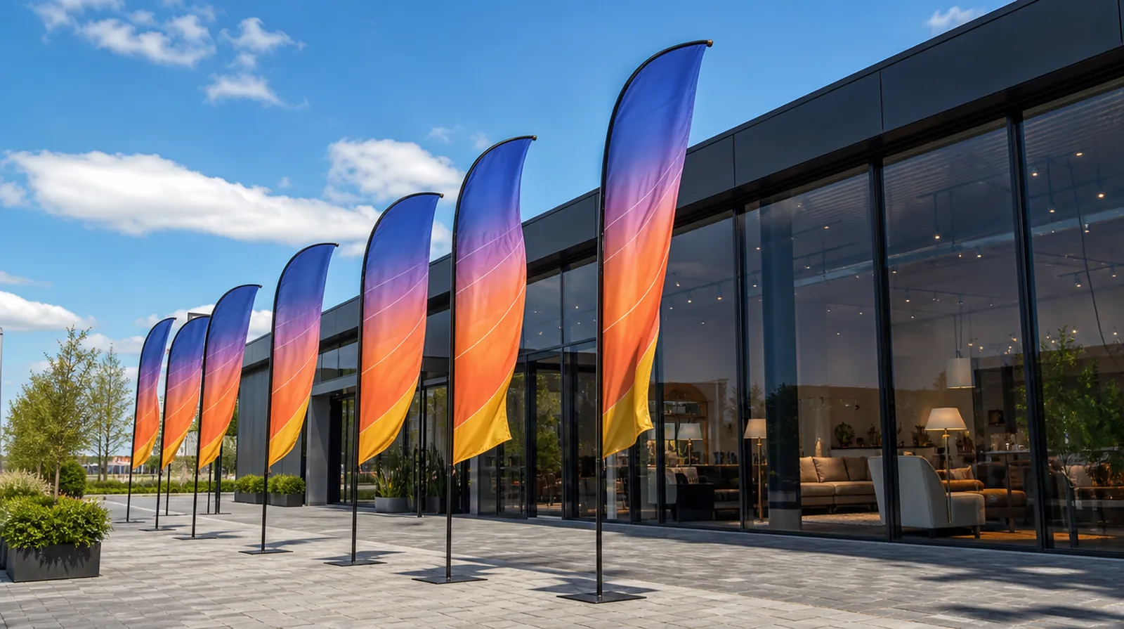 Reihe bedruckter Beachflags vor einem Showroom