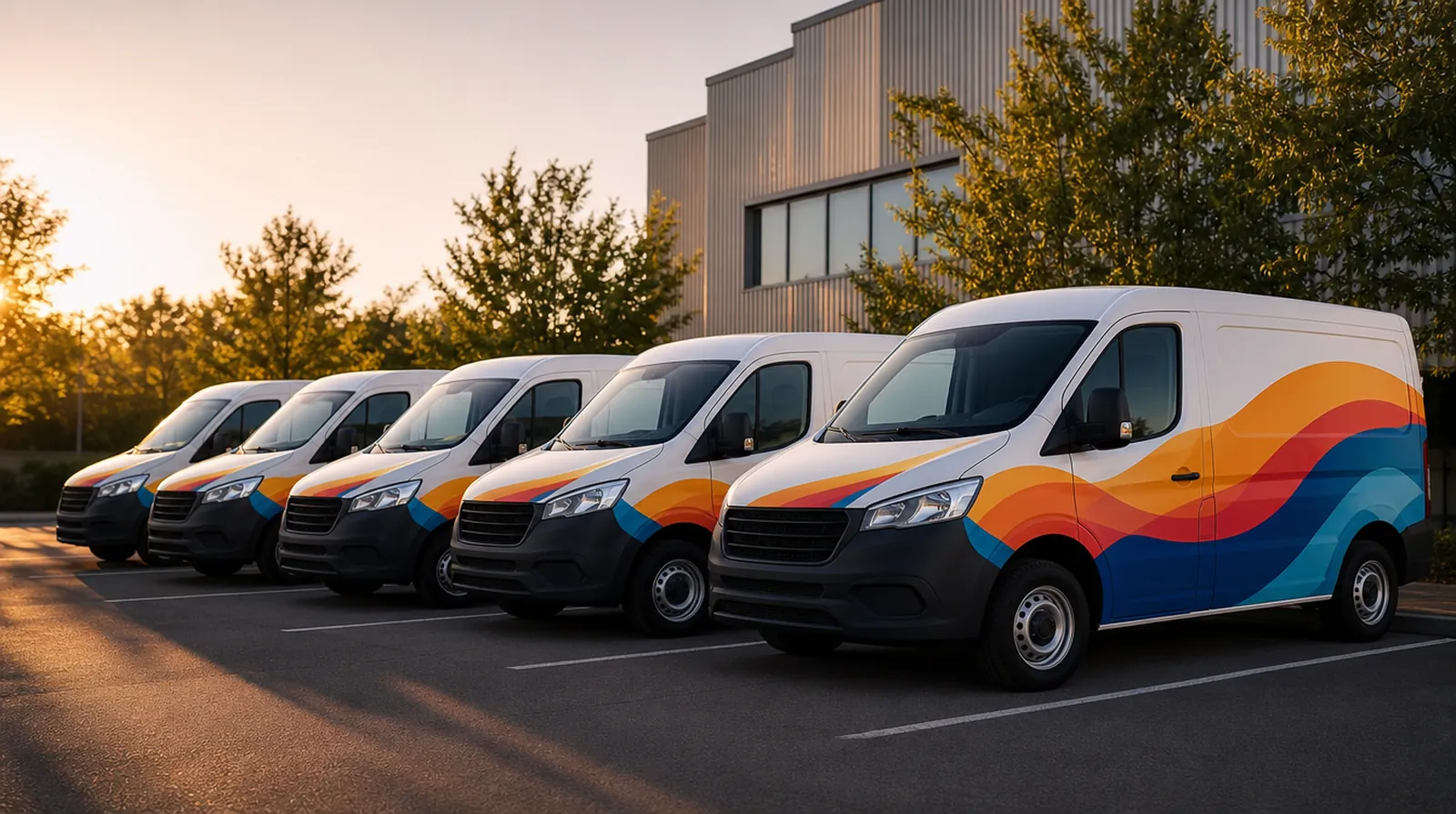 Fila de furgonetas de empresa rotuladas con el mismo diseño