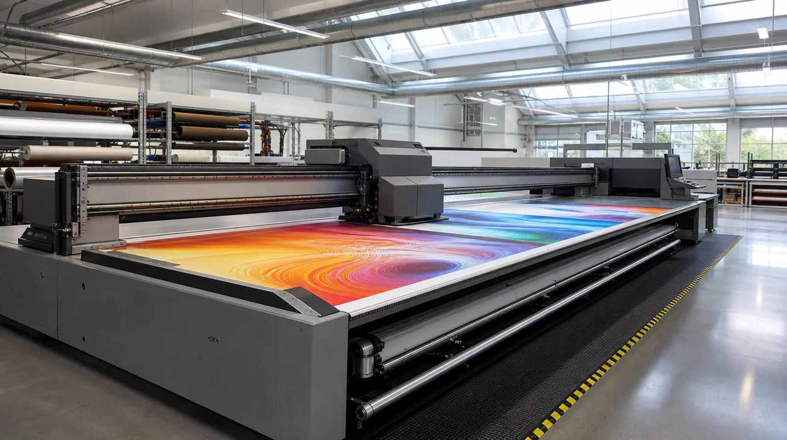 Großformat-UV-Drucker druckt ein farbiges Banner in der Produktionshalle