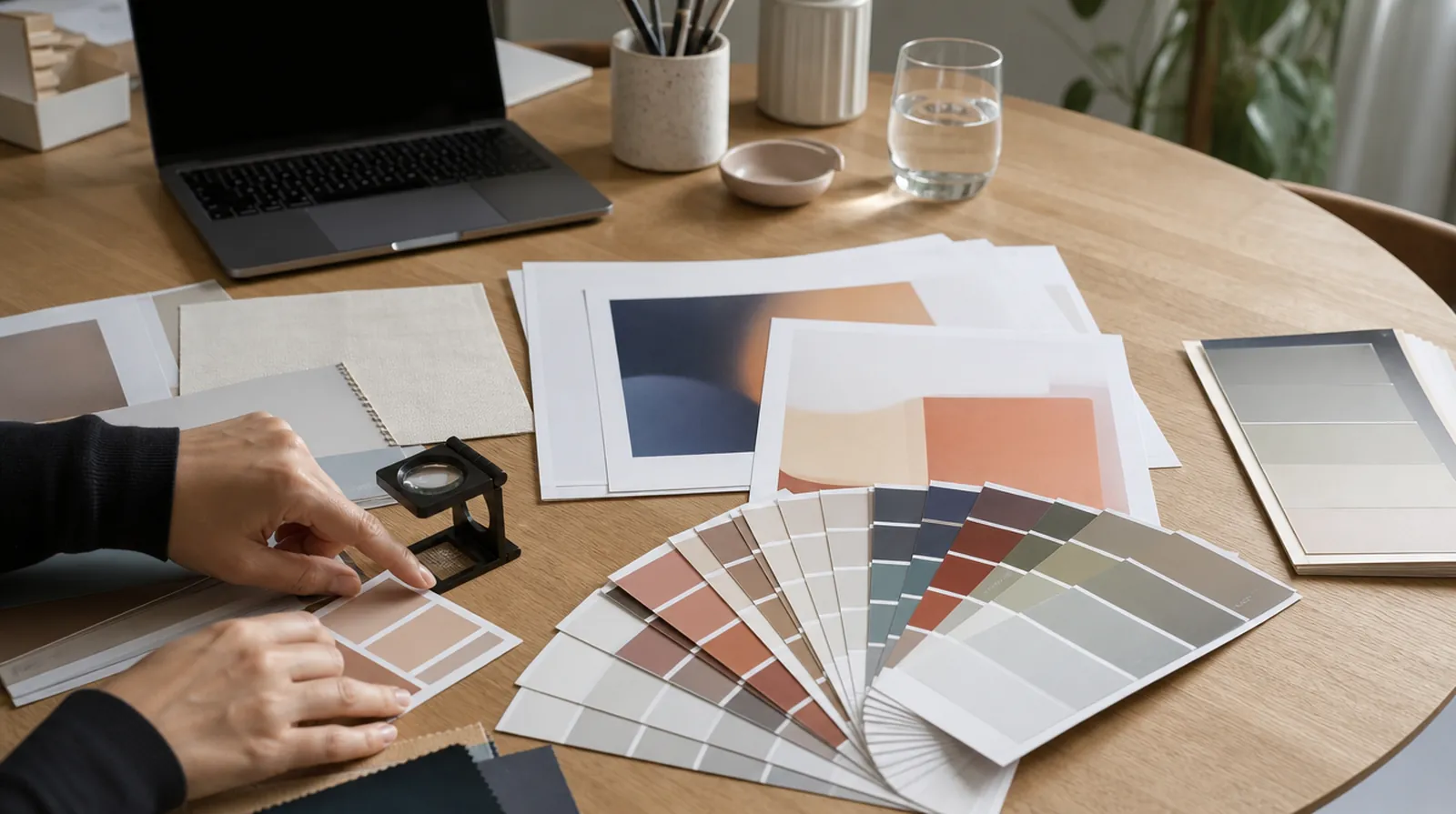 Colour swatches and print proofs on an office desk