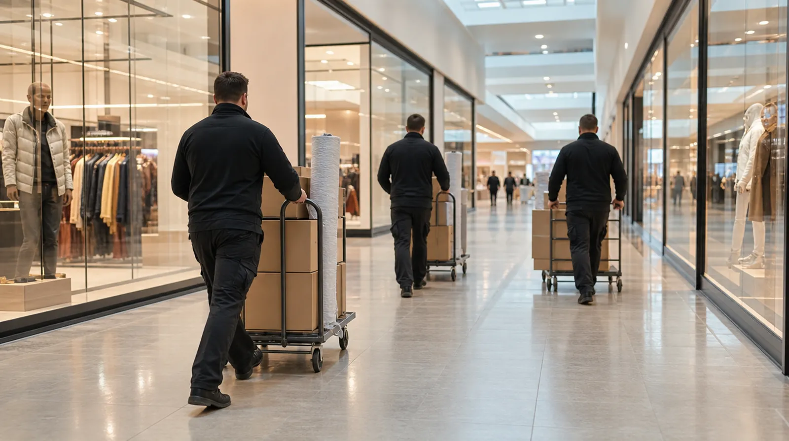 Equipo de montaje llevando material PLV a tiendas de un centro comercial