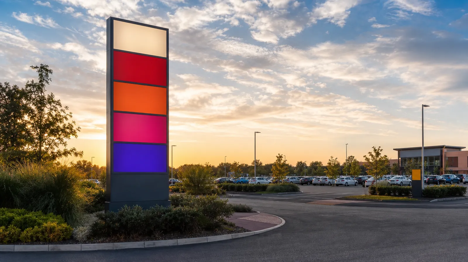 Tótem publicitario iluminado a la entrada de un parque comercial