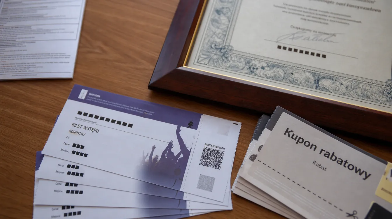 Bilety, kupony i certyfikaty — wizualizacja kategorii